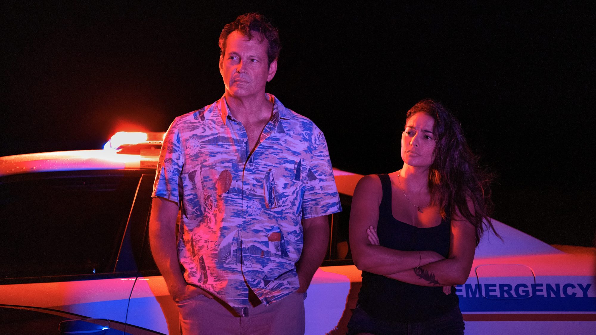 Episode 8. Vince Vaughn and Natalie Martinez in "Bad Monkey," premiering August 14, 2024 on Apple TV+.