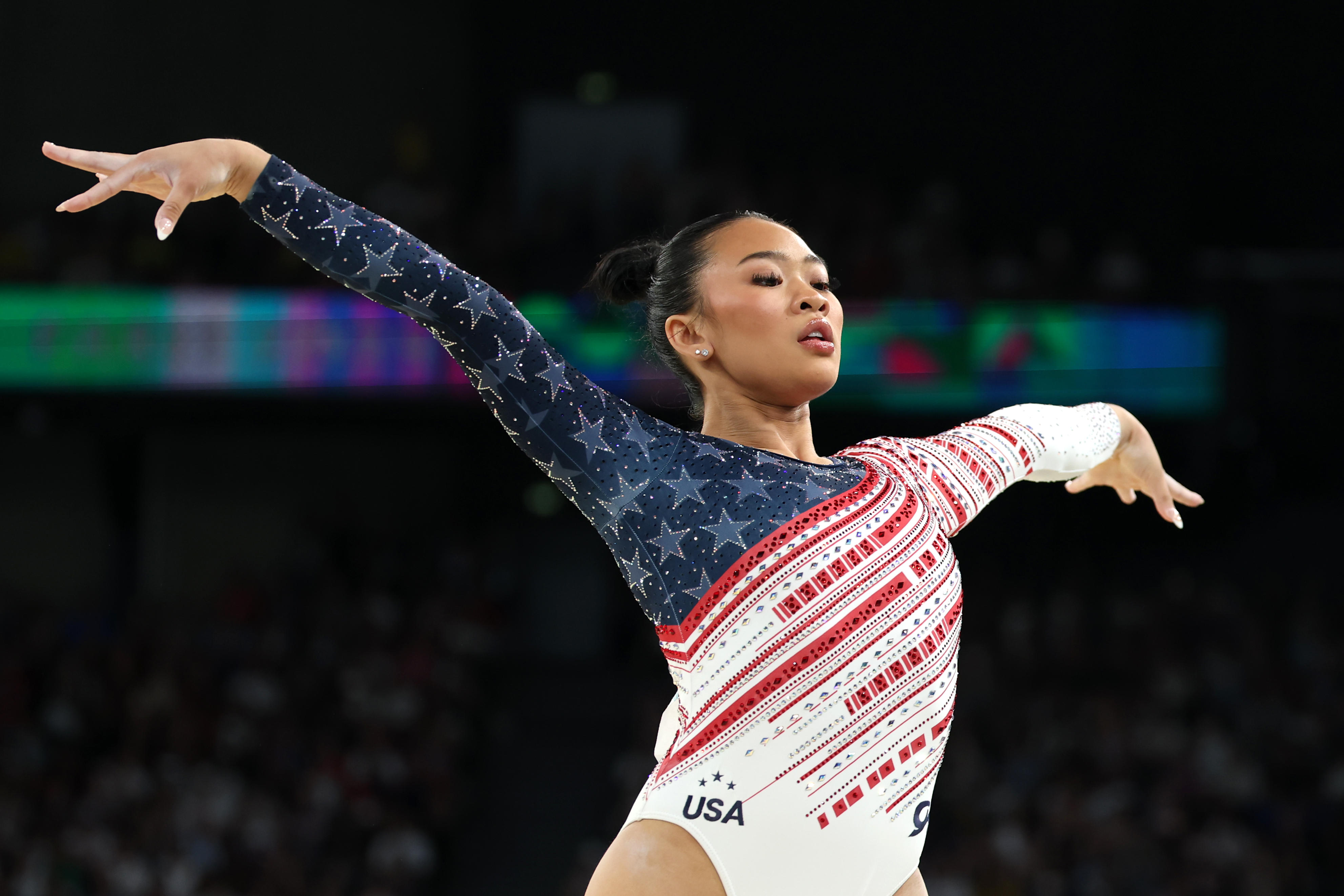 Sunisa Lee of Team United States competes in the floor exercise during the Artistic Gymnastics Women's Team Final on day four of the Paris 2024 Olympic Games on July 30 in Paris, France.