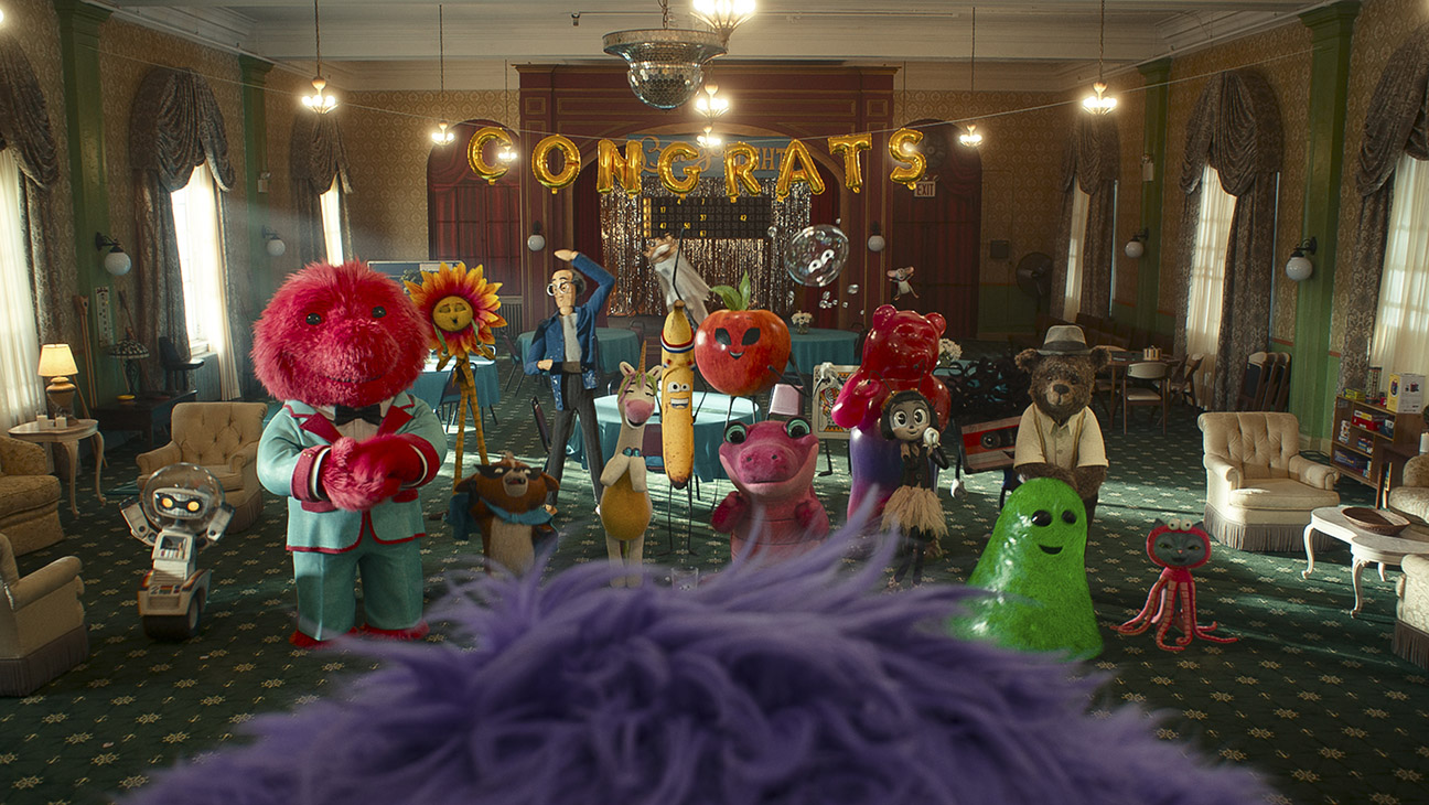 L-r front row, Jon Stewart (Robot), Big Red, Sam Rockwell (Super Dog), Emily Blunt (Unicorn), Maya Rudolph (Ally Aligator), Phoebe Waller-Bridge (Blossom), Keegan-Michael Key (Slime Ball), Blake Lively (OctoCat) and L-r, backrow, Matt Damon (Flower), Richard Jenkins (Art Teacher), Bill Hader (Banana), Apple, Amy Schumer (Gummy Bear) and Louis Gossett Jr. star in Paramount Pictures’ IF.